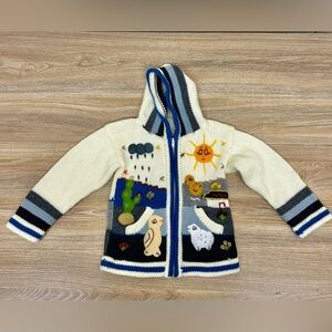 Children's Handmade Peruvian Knit Embroidered Hooded Zip Up Sweater Farm Animals